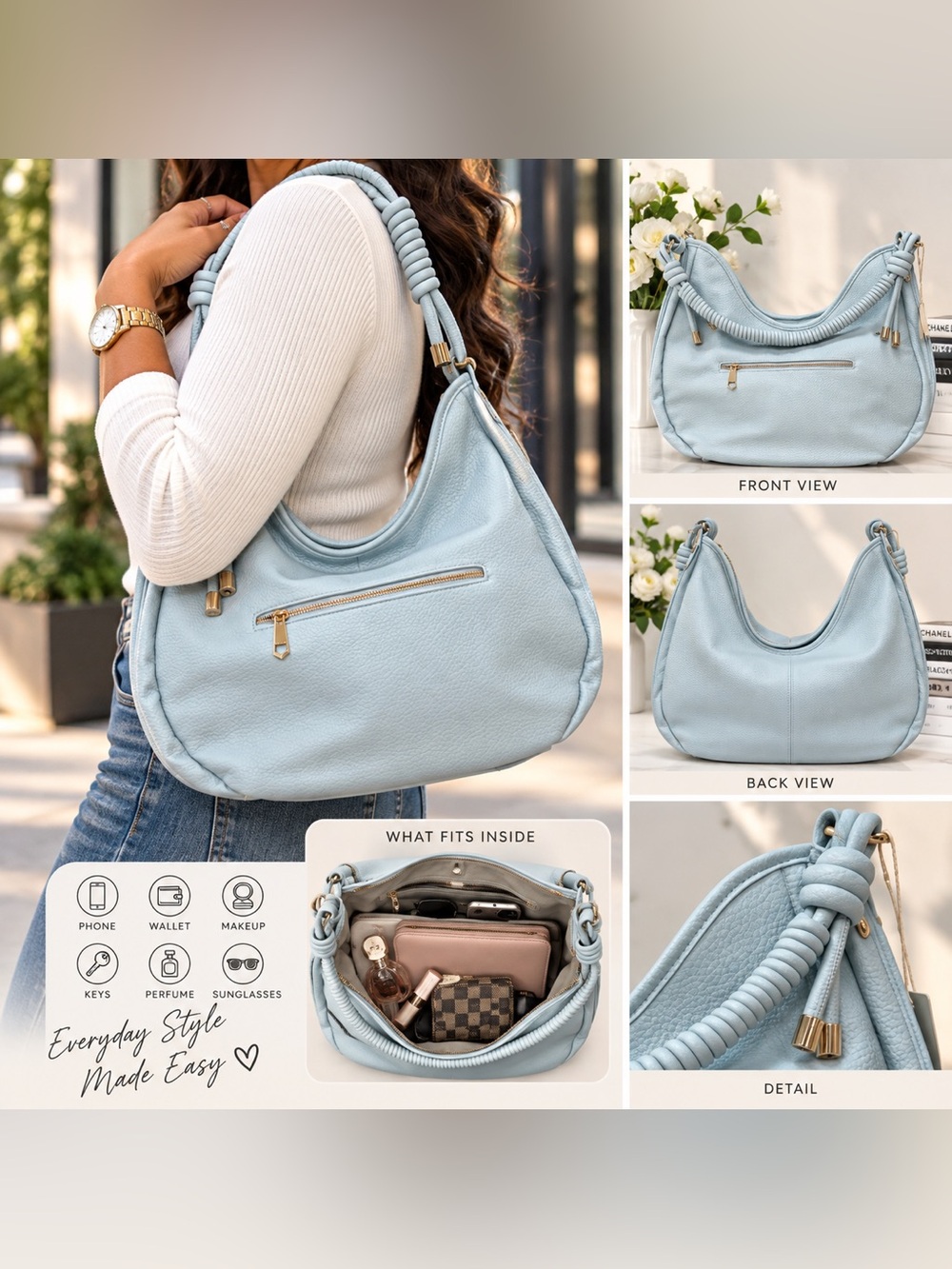 Light Blue Braided-Handle Shoulder Hobo Bag
